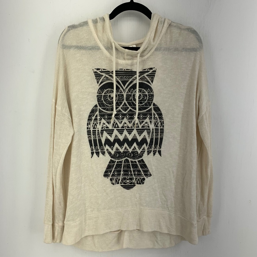 Tribal Owl Graphic Womens XL Lightweight Slub Knit Pullover Hoodie Boho Indie